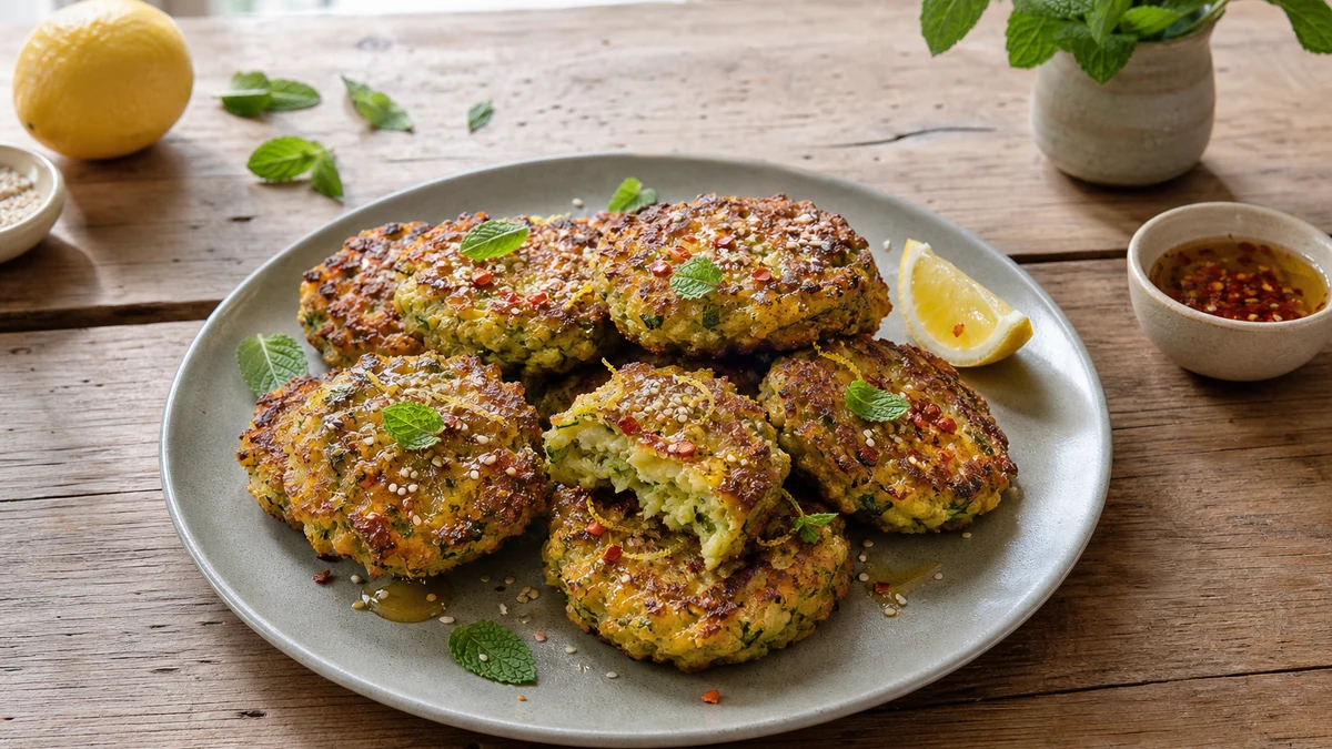 Tortitas doradas de calabacín y halloumi con sésamo, menta y un hilo fino de miel picante