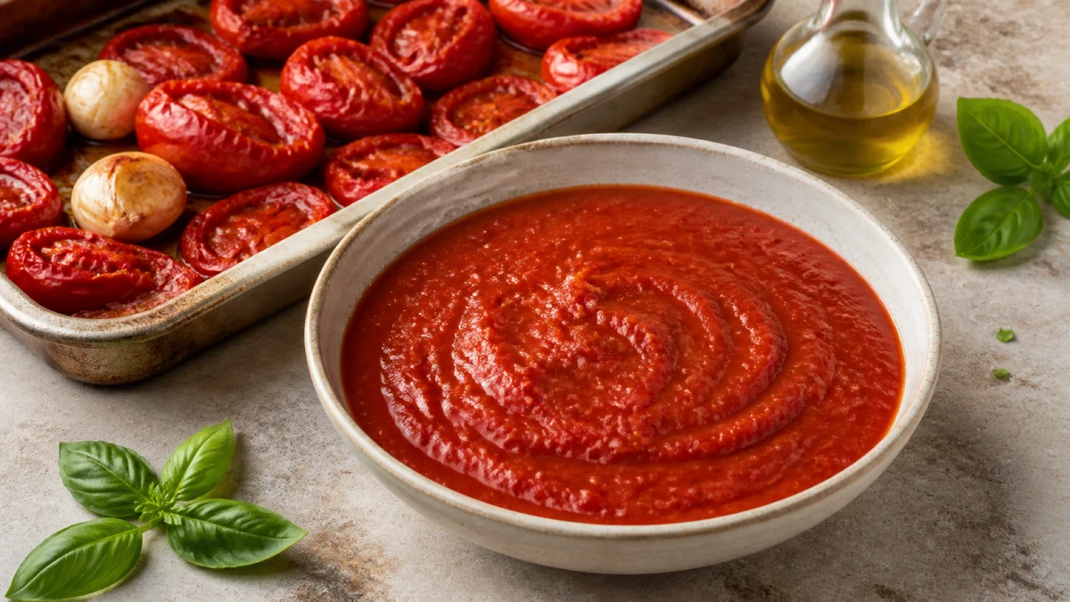 Cuenco de salsa de tomate roja y lisa, rodeado de tomates asados, ajo y albahaca