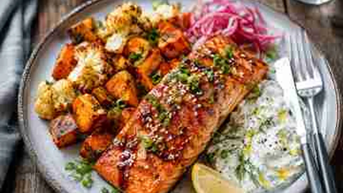 Salmón al horno con verduras doradas y limón en una bandeja