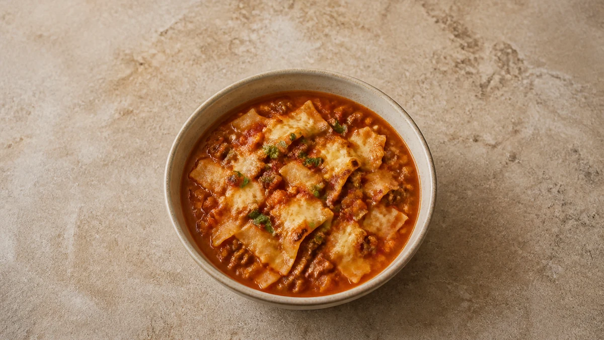 Sopa de lasaña con ternera y trozos de pasta bajo una cobertura dorada de mascarpone y parmesano