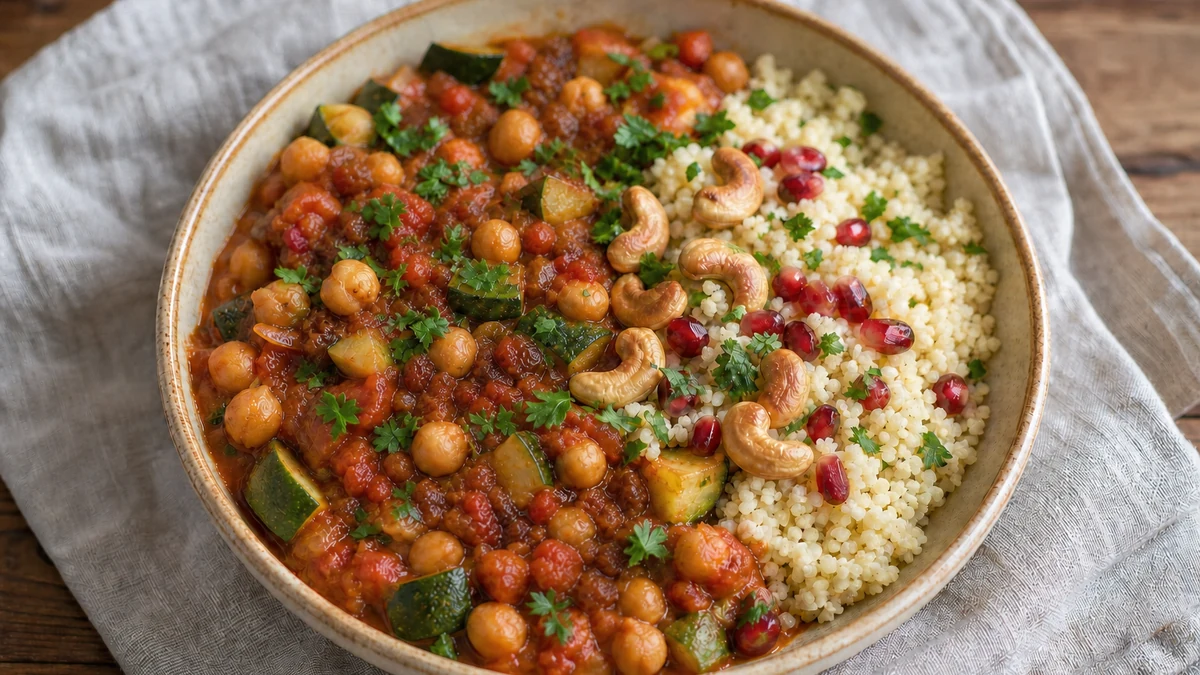 Estofado de garbanzos, calabacín y tomate con cuscús, anacardos, perejil y granada