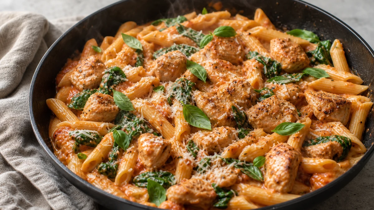 Penne cremoso con pollo dorado, tomate, espinacas, parmesano y albahaca en una sartén amplia