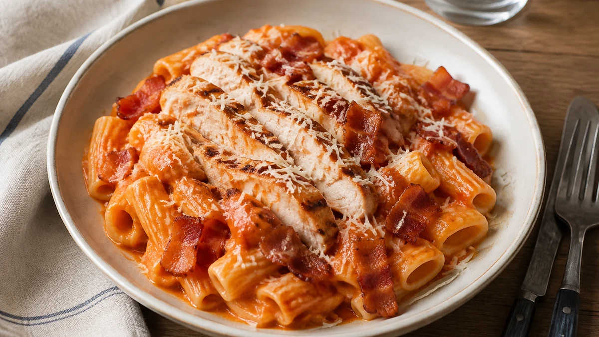 Rigatoni con salsa cremosa de tomate, pollo a la parrilla, beicon crujiente y parmesano rallado