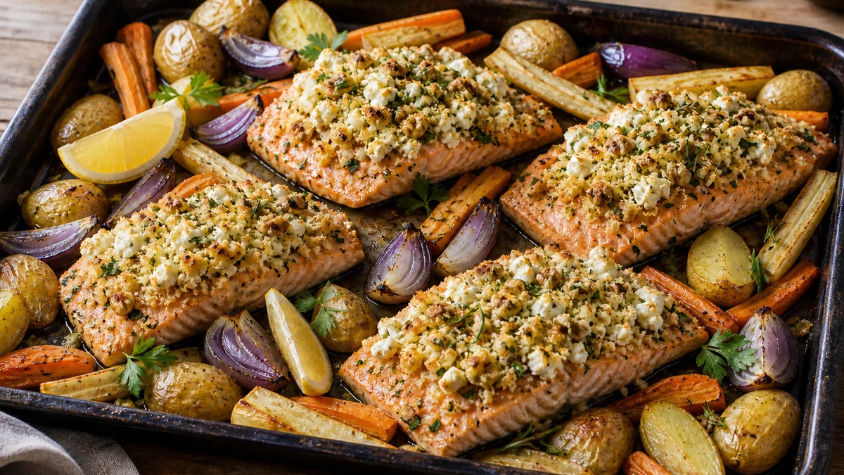 Salmón al horno con costra dorada de queso de cabra y nueces, patatas y hortalizas asadas