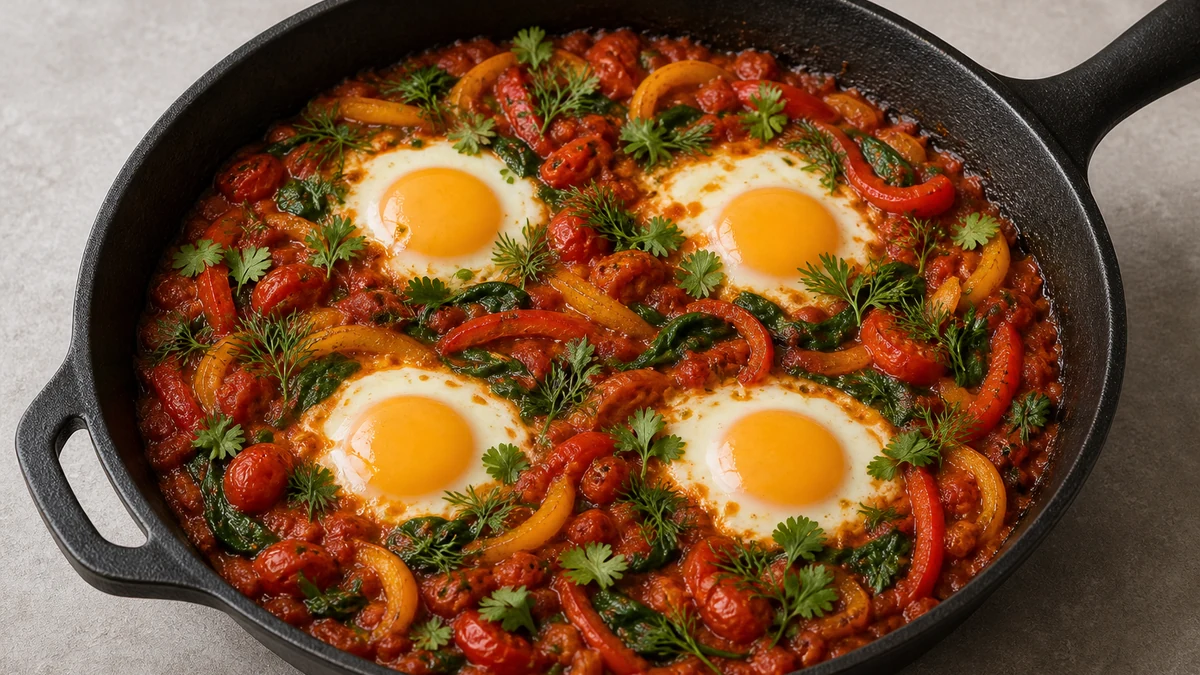 Shakshuka en una sartén oscura con huevos, pimiento rojo y amarillo, espinacas, cilantro y eneldo