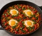 Shakshuka en una sartén oscura con huevos, pimiento rojo y amarillo, espinacas, cilantro y eneldo