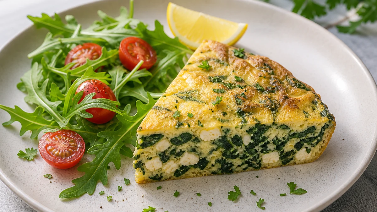 Frittata de espinacas y feta cortada en porciones con rúcula, tomates cherry y perejil rizado