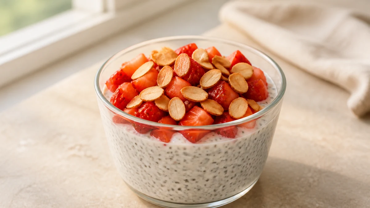 Pudin de chía y yogur en un vaso con fresas troceadas y almendras laminadas tostadas