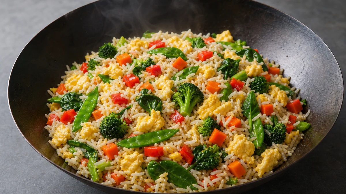 Sartén oscura con arroz frito, trozos de huevo, espinacas, brócoli, pimiento rojo, zanahoria y tirabeques