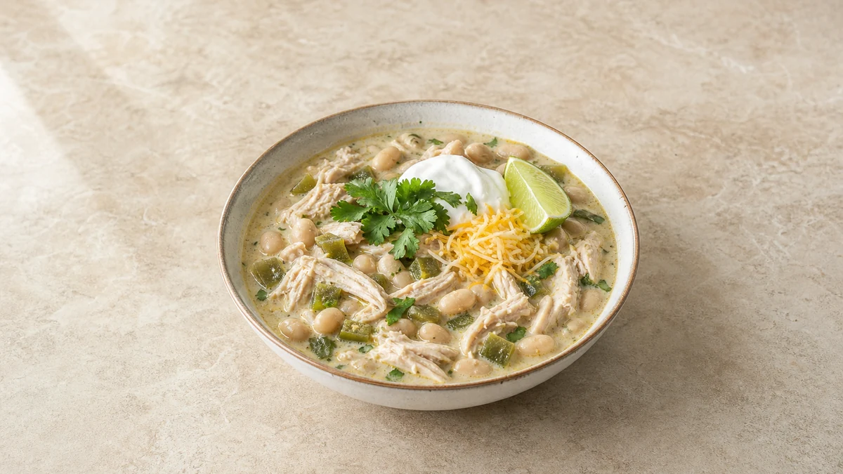 Chili blanco de pollo con alubias blancas, pimiento verde, crema agria, cheddar, cilantro, lima y totopos